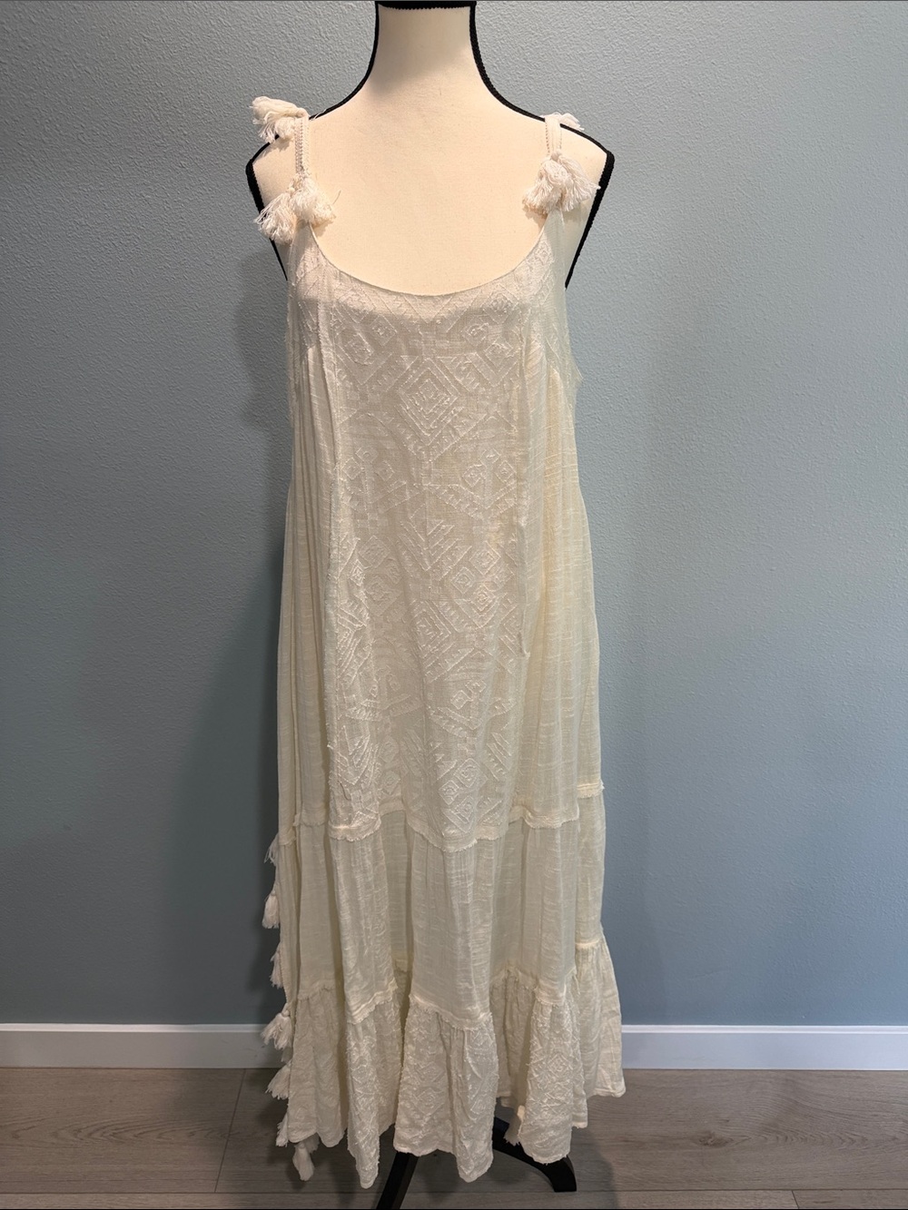 Sleeveless Cream Midi Dress with Tassel Straps